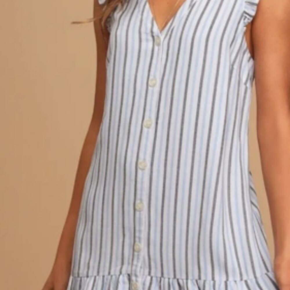 Le Lis Blue and White Stripped Button Down Dress with Ruffle Trim